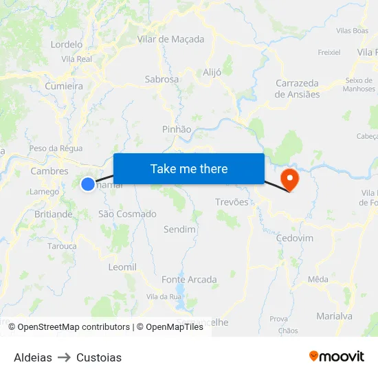 Aldeias to Custoias map