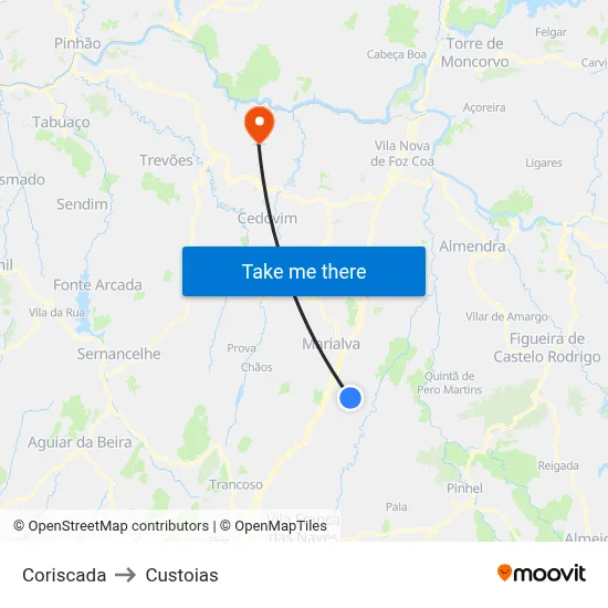 Coriscada to Custoias map