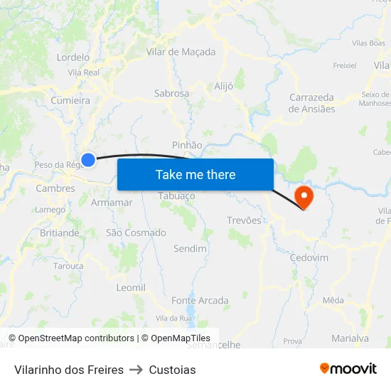 Vilarinho dos Freires to Custoias map