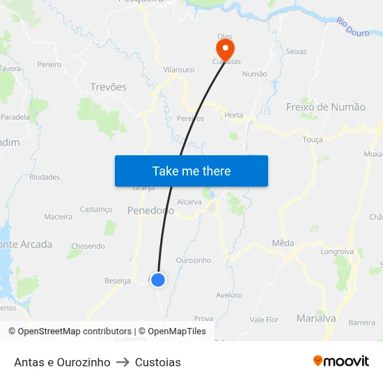 Antas e Ourozinho to Custoias map