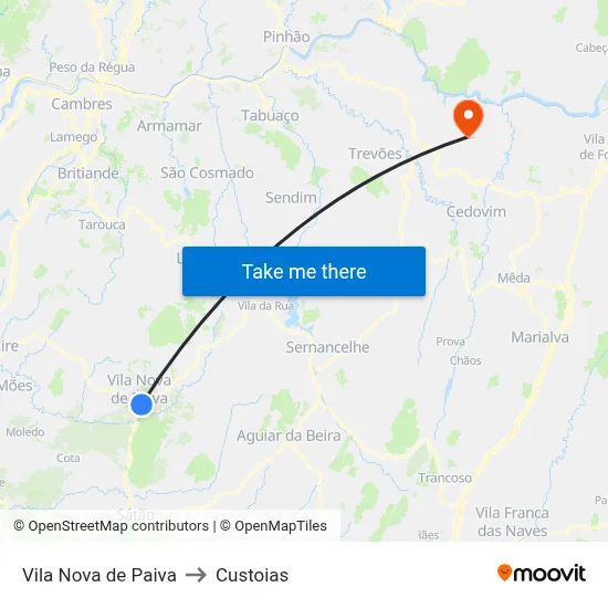 Vila Nova de Paiva to Custoias map