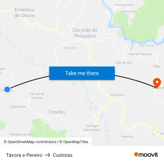 Távora e Pereiro to Custoias map