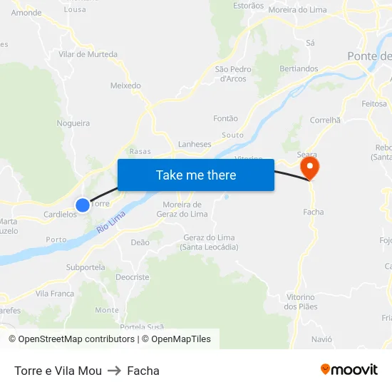 Torre e Vila Mou to Facha map