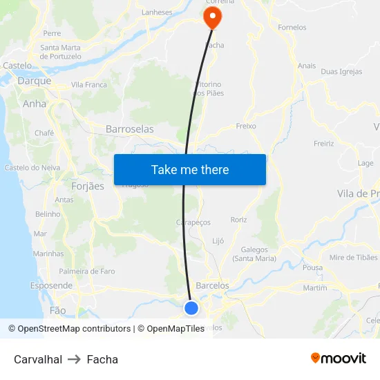 Carvalhal to Facha map