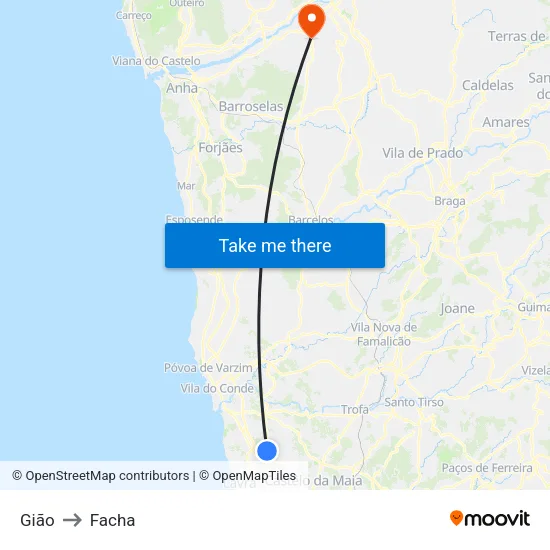 Gião to Facha map