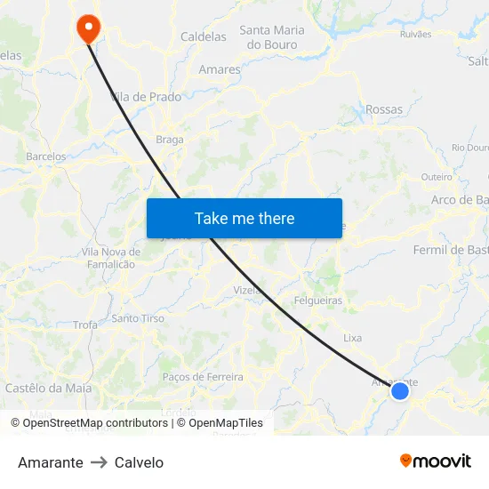Amarante to Calvelo map