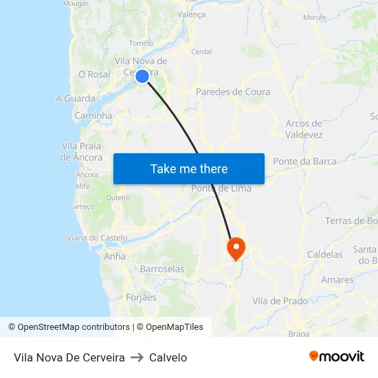 Vila Nova De Cerveira to Calvelo map
