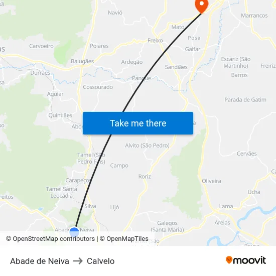 Abade de Neiva to Calvelo map