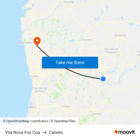 Vila Nova Foz Coa to Calvelo map