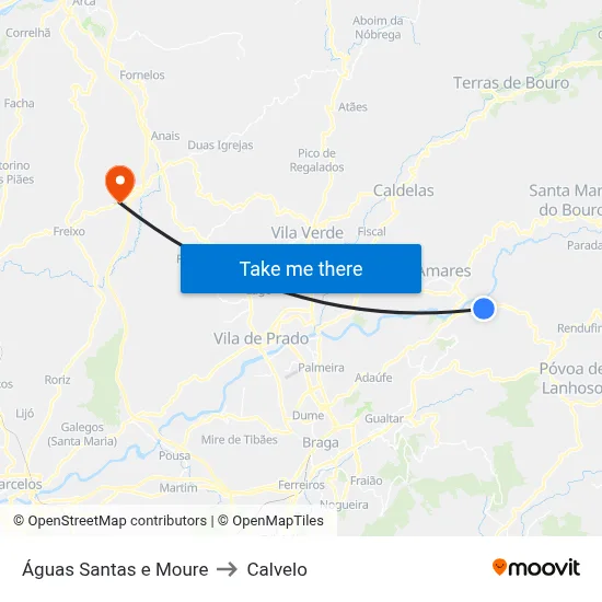 Águas Santas e Moure to Calvelo map