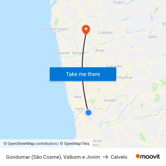 Gondomar (São Cosme), Valbom e Jovim to Calvelo map