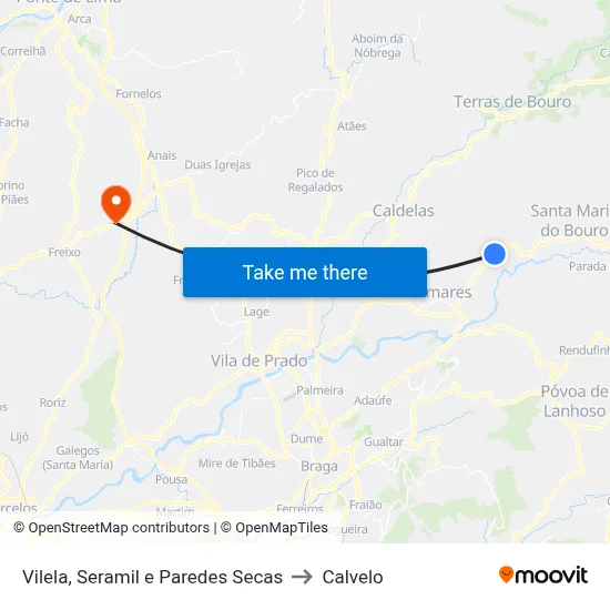 Vilela, Seramil e Paredes Secas to Calvelo map