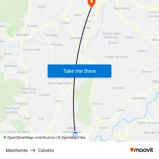Manhente to Calvelo map