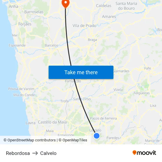 Rebordosa to Calvelo map