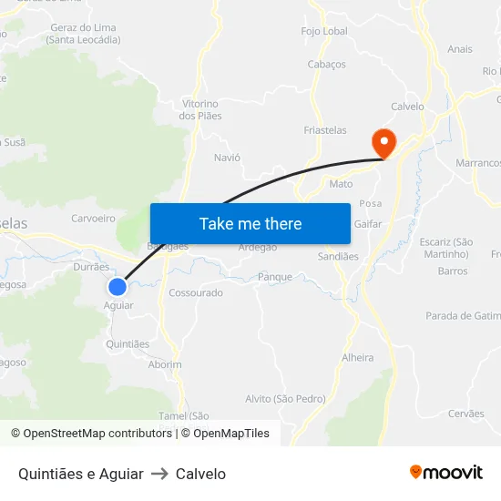 Quintiães e Aguiar to Calvelo map