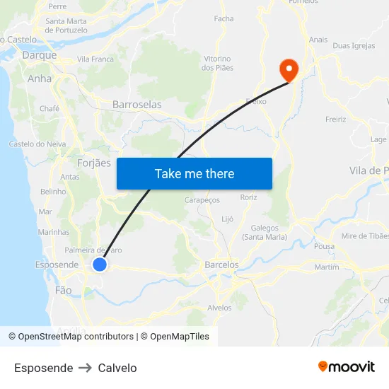 Esposende to Calvelo map