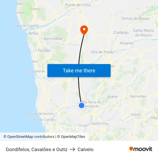 Gondifelos, Cavalões e Outiz to Calvelo map