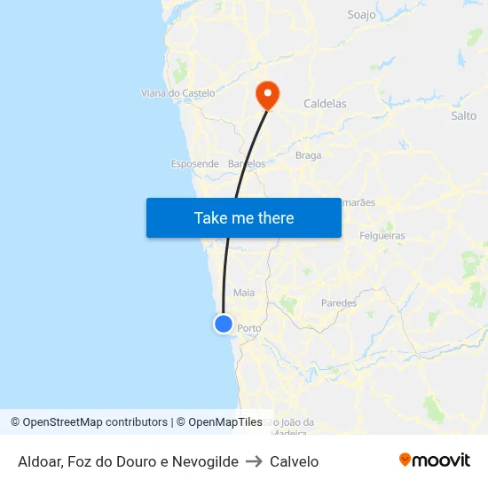 Aldoar, Foz do Douro e Nevogilde to Calvelo map