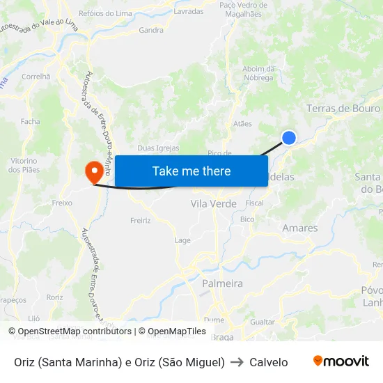 Oriz (Santa Marinha) e Oriz (São Miguel) to Calvelo map