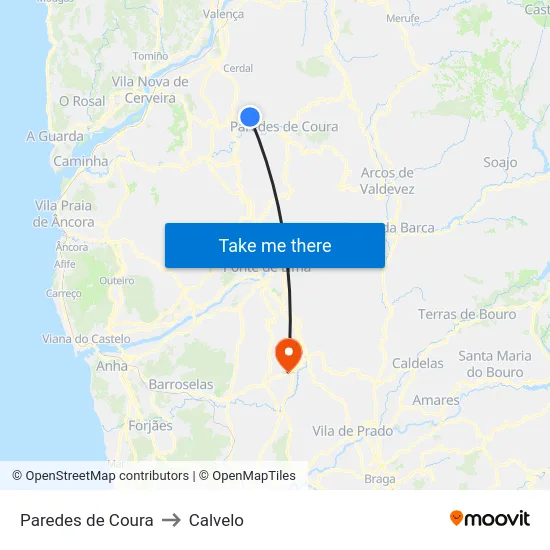 Paredes de Coura to Calvelo map