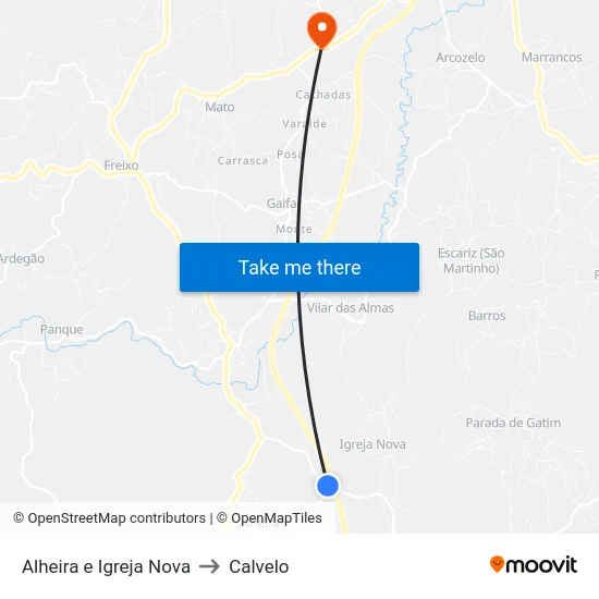 Alheira e Igreja Nova to Calvelo map