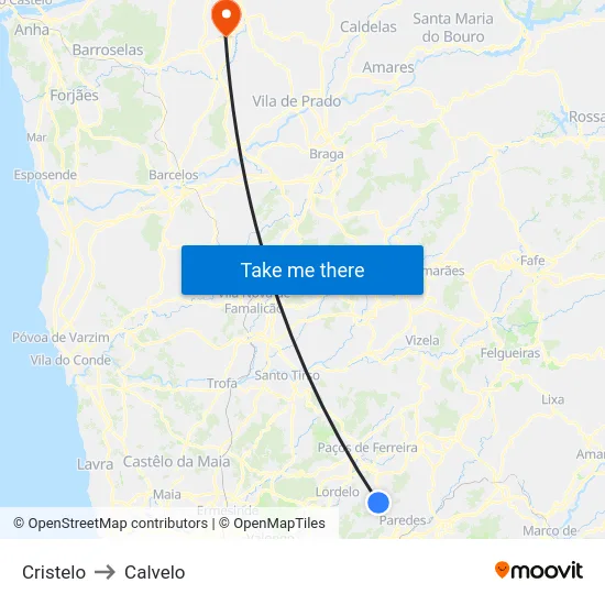 Cristelo to Calvelo map