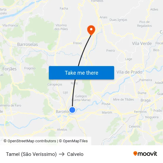 Tamel (São Veríssimo) to Calvelo map
