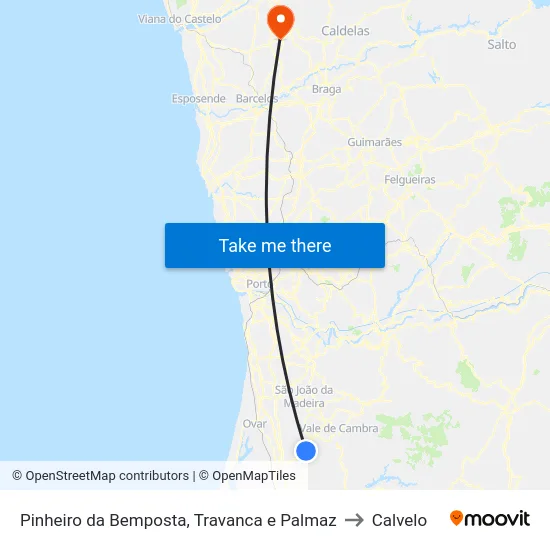 Pinheiro da Bemposta, Travanca e Palmaz to Calvelo map