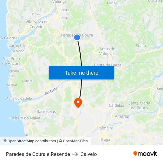 Paredes de Coura e Resende to Calvelo map