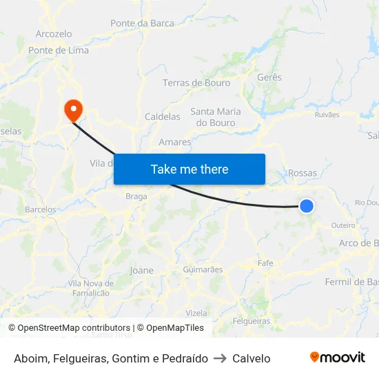 Aboim, Felgueiras, Gontim e Pedraído to Calvelo map