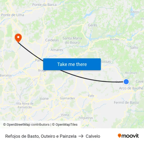 Refojos de Basto, Outeiro e Painzela to Calvelo map