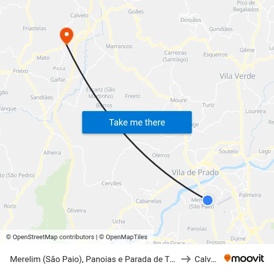 Merelim (São Paio), Panoias e Parada de Tibães to Calvelo map
