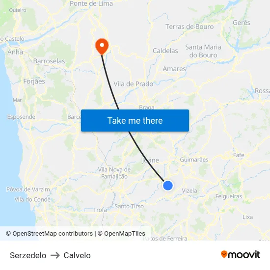 Serzedelo to Calvelo map