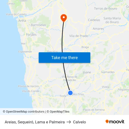 Areias, Sequeiró, Lama e Palmeira to Calvelo map