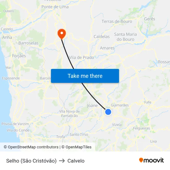 Selho (São Cristóvão) to Calvelo map