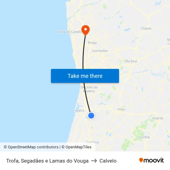 Trofa, Segadães e Lamas do Vouga to Calvelo map