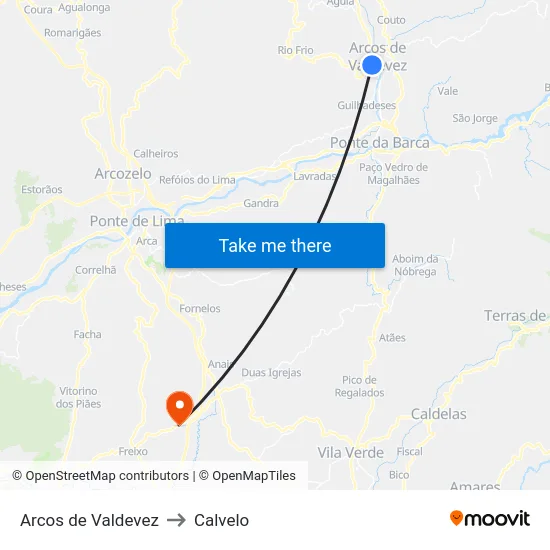 Arcos de Valdevez to Calvelo map