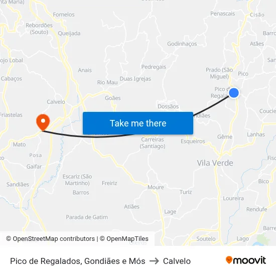 Pico de Regalados, Gondiães e Mós to Calvelo map