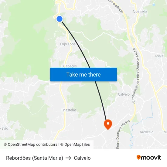 Rebordões (Santa Maria) to Calvelo map