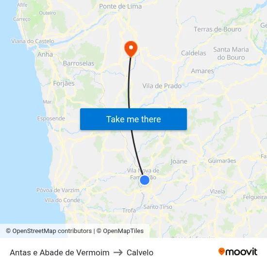 Antas e Abade de Vermoim to Calvelo map