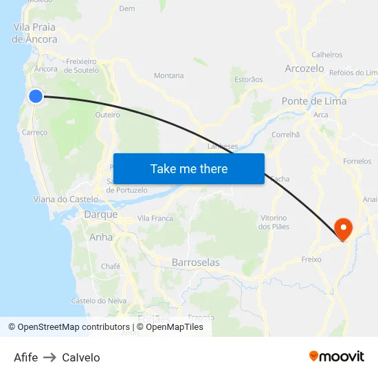 Afife to Calvelo map