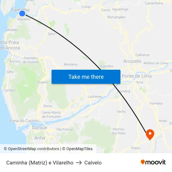 Caminha (Matriz) e Vilarelho to Calvelo map