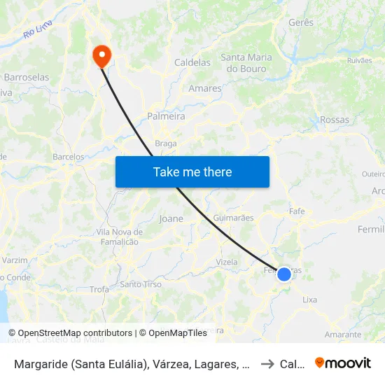 Margaride (Santa Eulália), Várzea, Lagares, Varziela e Moure to Calvelo map