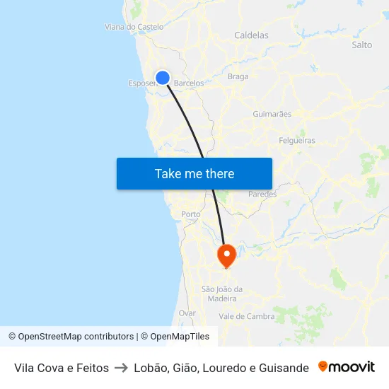 Vila Cova e Feitos to Lobão, Gião, Louredo e Guisande map