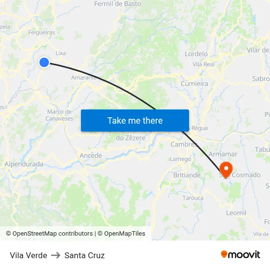 Vila Verde to Santa Cruz map