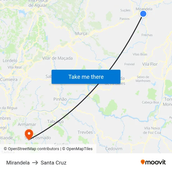 Mirandela to Santa Cruz map