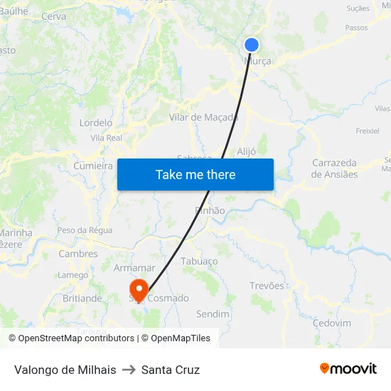 Valongo de Milhais to Santa Cruz map