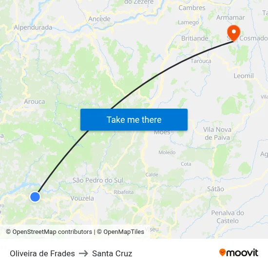 Oliveira de Frades to Santa Cruz map