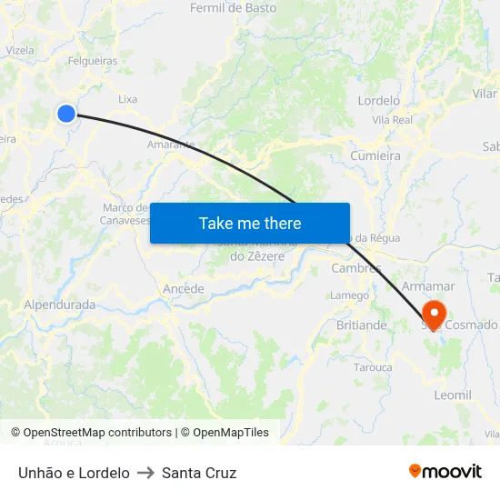 Unhão e Lordelo to Santa Cruz map
