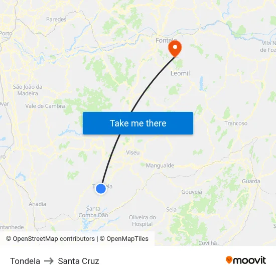 Tondela to Santa Cruz map